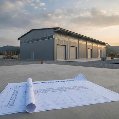 Koperschetsplan metalen structuur magazijn met betonnen fundering type ontworpen voor en schaalbare opslagoplossingen